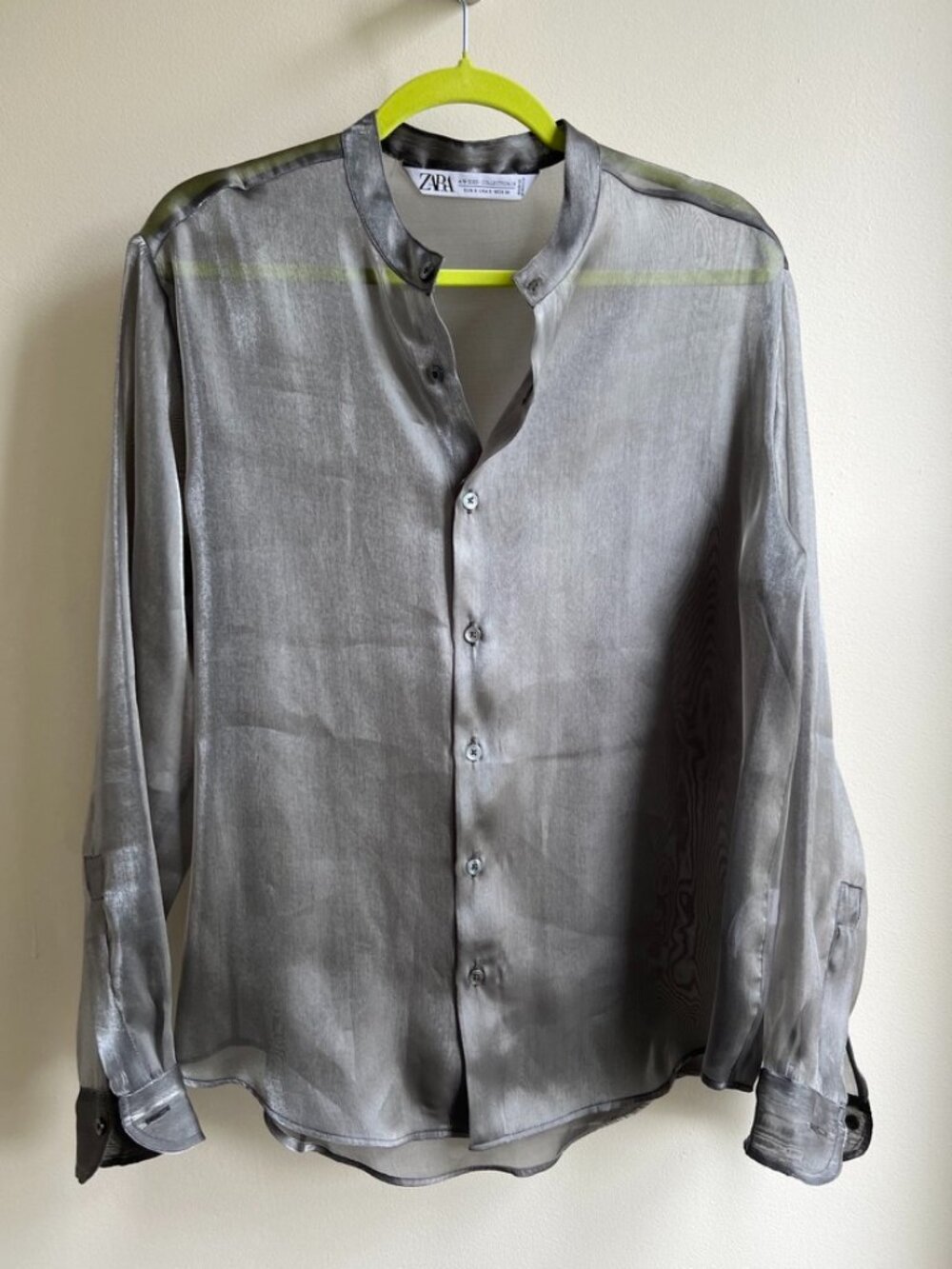 Zara A/W 2023 Men's Sheer Silver Metallic Mao Collar Button Down Shirt Size S